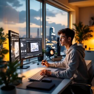 Joven descubriendo qué se necesita para aprender diseño 3D en arquitectura e interiorismo 3D.