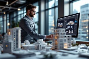 Profesional utilizando software de modelado 3D para un proyecto de arquitectura 3D trabajo.